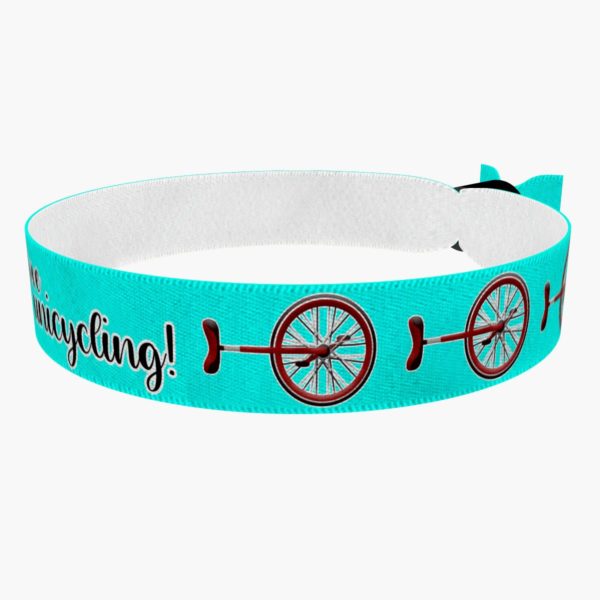 Ansicht von links vorne: I love unicycling türkis Stoffarmband