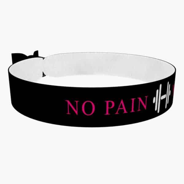 Ansicht von rechts vorne: No pain No gain pink Stoffarmband
