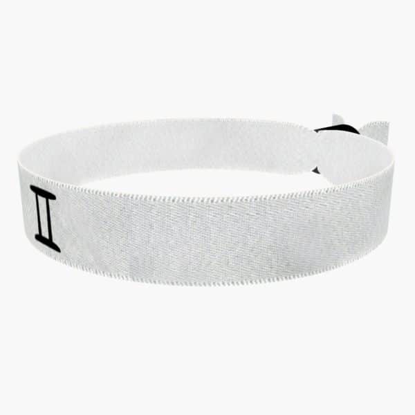 Ansicht von links vorne: Zwilling Sternzeichen Symbol weiß Stoffarmband