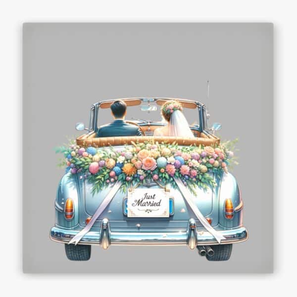 Ansicht von vorne: Kühlschrankmagnet Hochzeit Brautpaar im Cabriolet Just Married