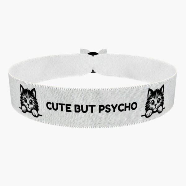 Ansicht von vorne: Stoffarmband Katzenmotiv Cute but Psycho für Katzenliebhaber