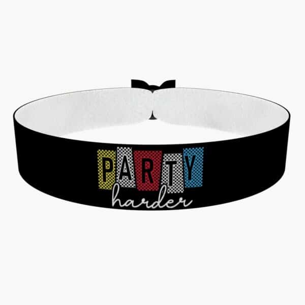 Ansicht von vorne: Stoffarmband mit buntem Party Motiv für Techno-Fans